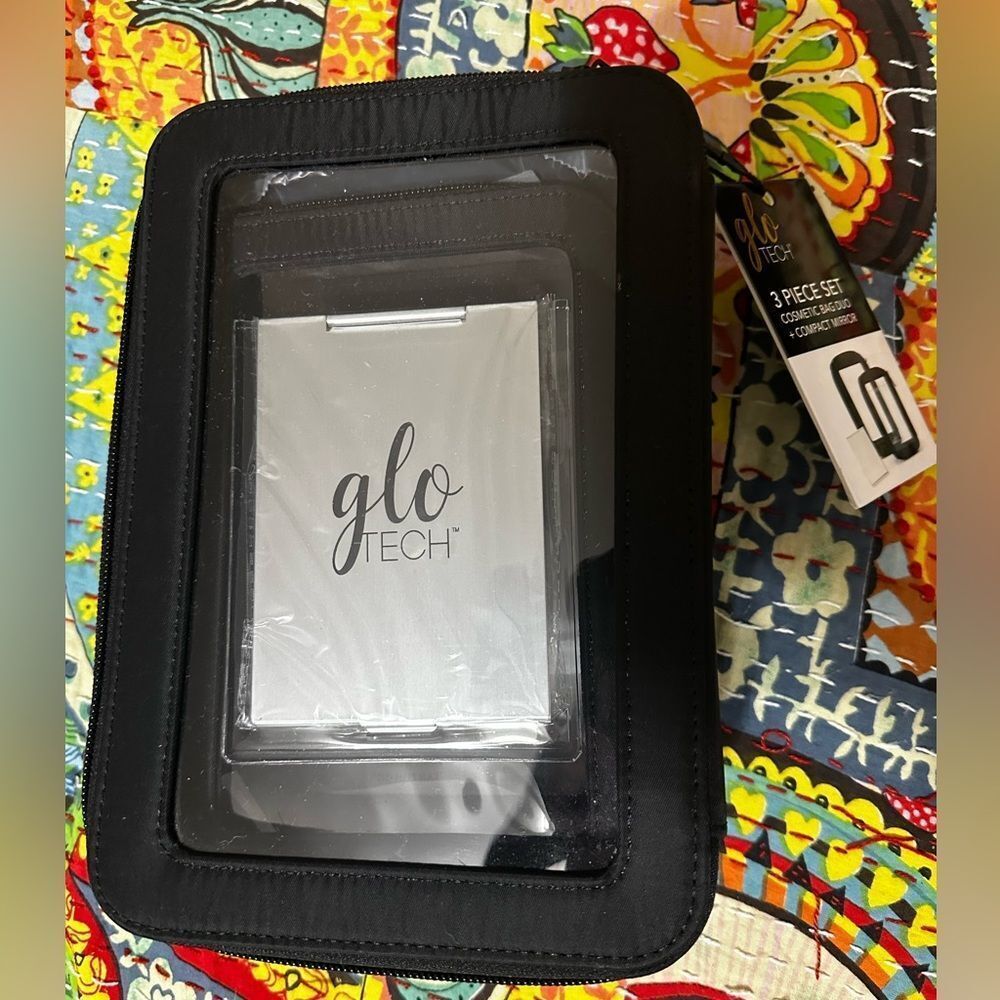 Glo Tech 3-Piece Cosmetic Bag Duo & Compact Mirror – Brand New